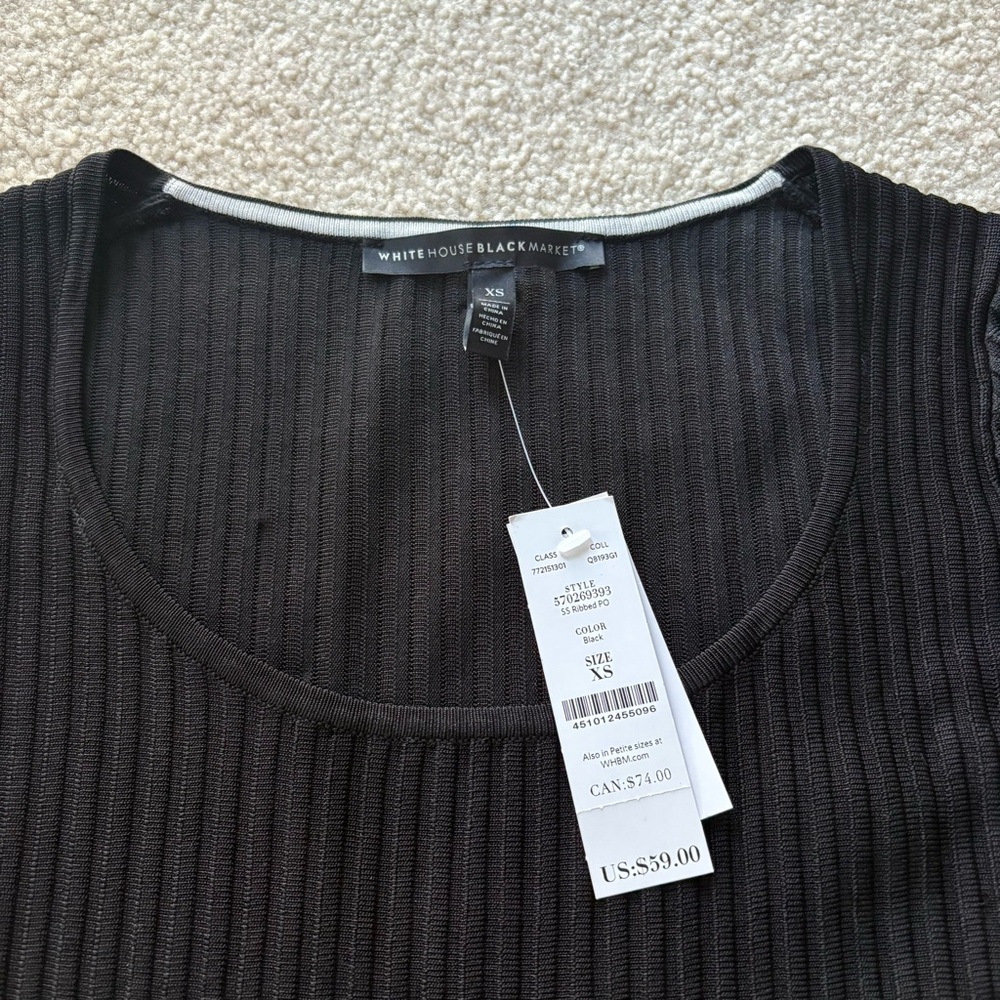 White House Black Market Black Ribbed Short Sleeve Top - Picture 2 of 7